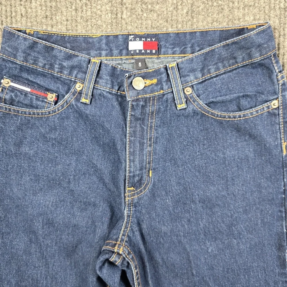 VTG Y2K Tommy Jeans Size 5 Blue Medium Wash Hipster Flare 100% Cotton Flag Patch - Picture 2 of 13